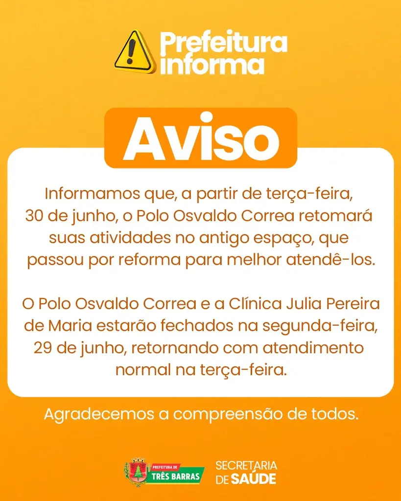 Três Barras comunica que o Polo Osvaldo Correa está de casa nova