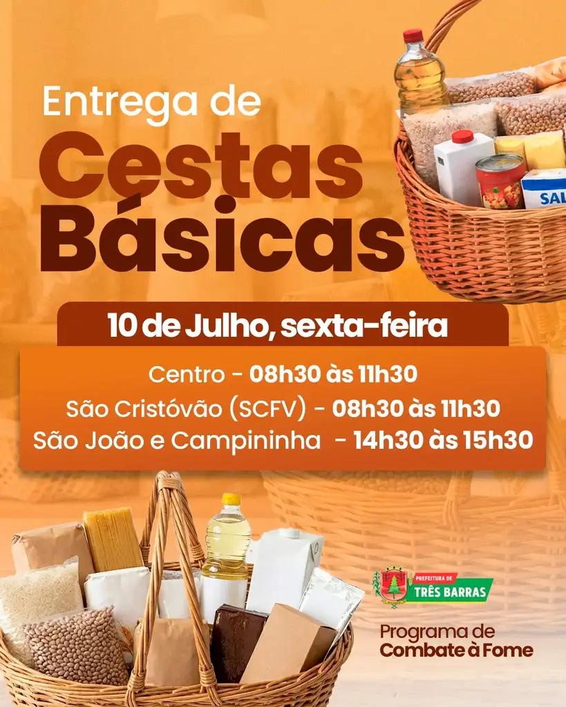 Prefeitura de Três Barras realiza nova entrega de cestas básicas do Programa de Combate à Fome