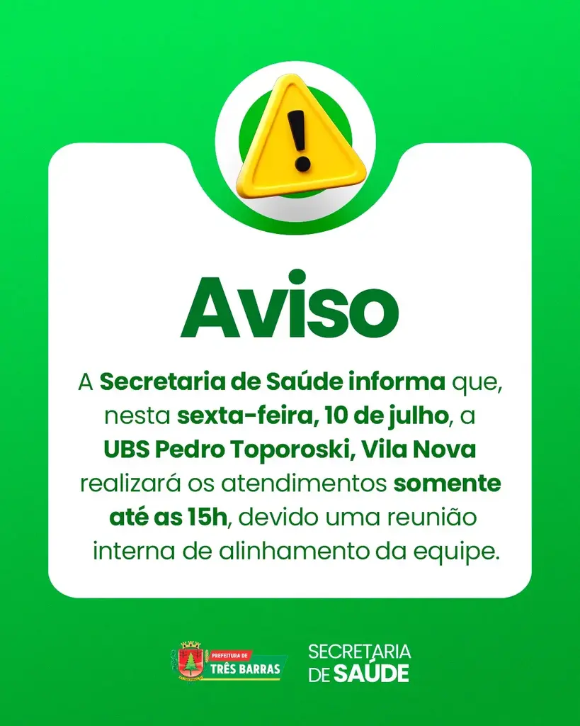 UBS Pedro Toporoski terá atendimento reduzido nesta sexta-feira, 10 de Julho