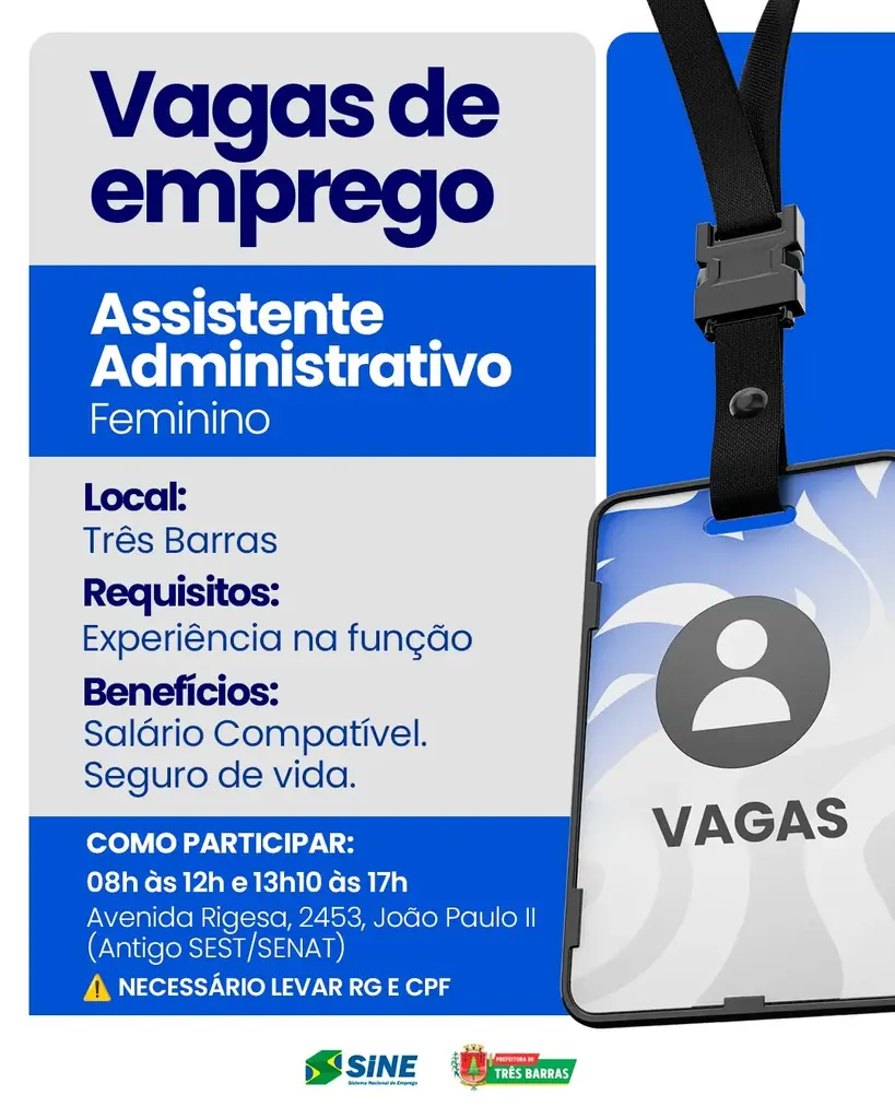 Oportunidade: SINE de Três Barras dispõe Vaga de Emprego
