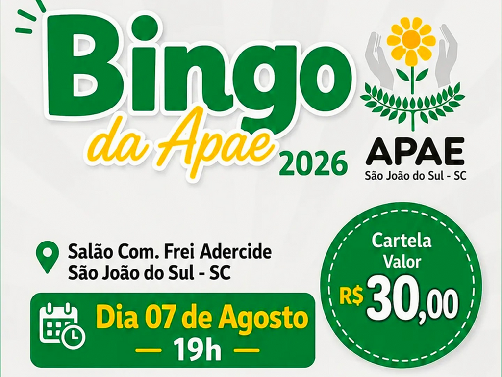 APAE DE SÃO JOÃO DO SUL DIVULGA DATA DO GRANDE BINGO BENEFICENTE