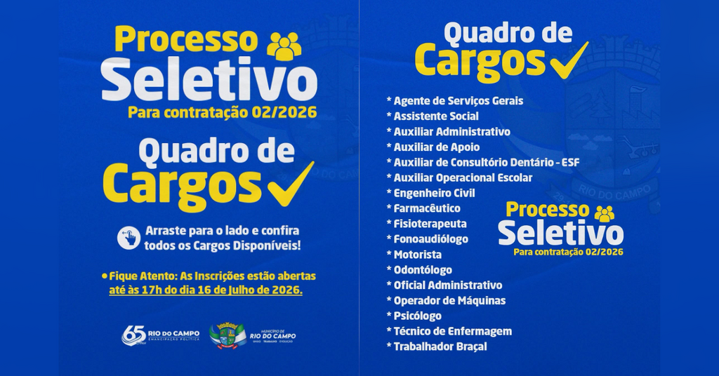 Rio do Campo mantém inscrições abertas para o Processo Seletivo nº 02/2026