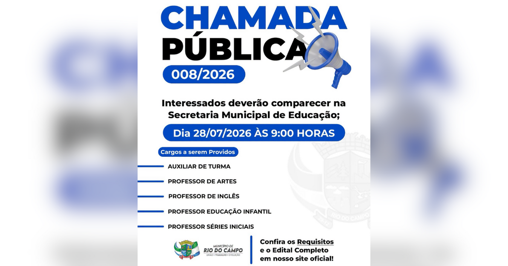 Rio do Campo abre Chamada Pública nº 08/2026 para profissionais da educação
