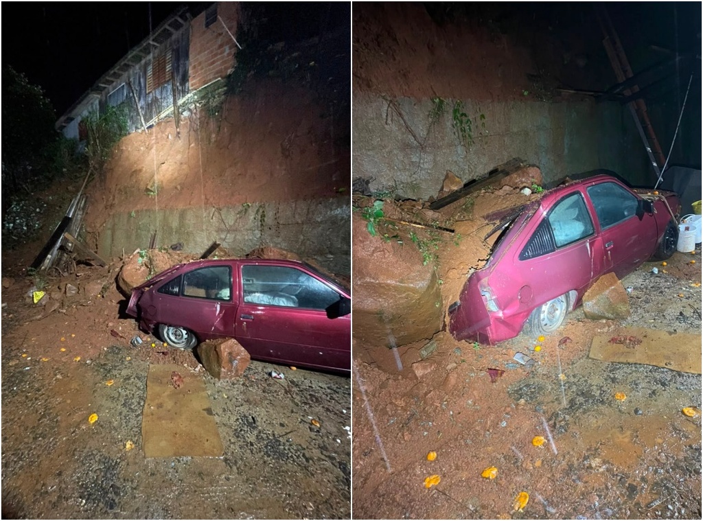 Pedra atinge veículo após deslizamento e família é retirada de casa em Joaçaba