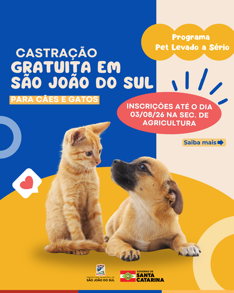 INSCRIÇÕES ABERTAS PARA CAMPANHA DE CASTRAÇÃO GRATUÍTA DE CÃES E GATOS EM SÃO JOÃO DO SUL
