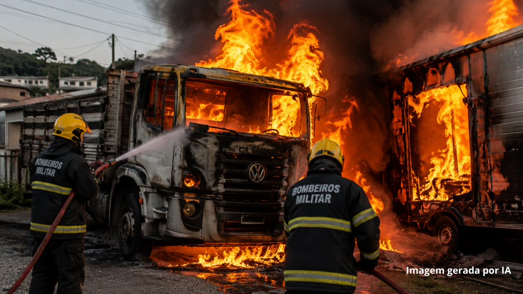 Caminhão pega fogo e chamas atingem trailer em Imbituba