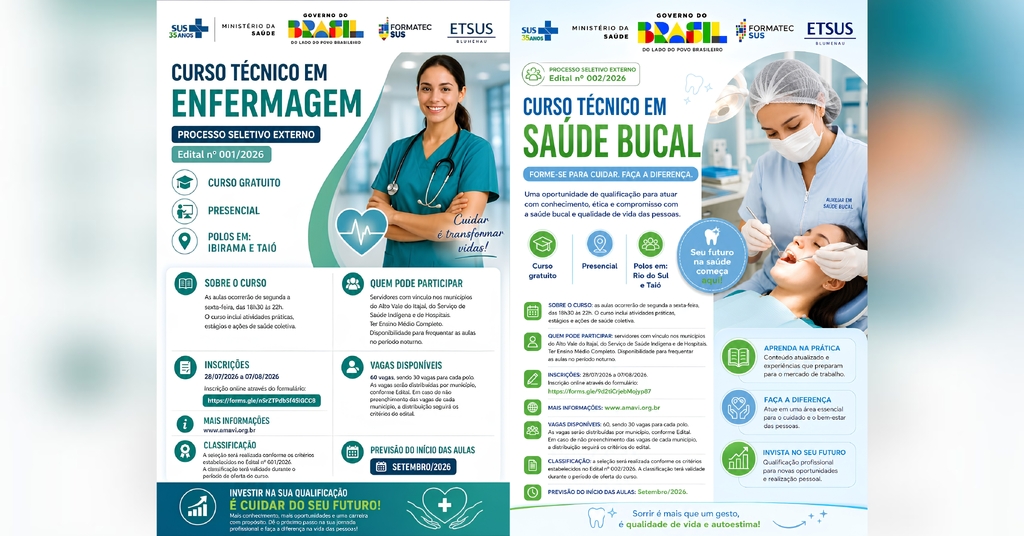 Rio do Campo tem cinco vagas em cursos técnicos gratuitos de Enfermagem e Saúde Bucal