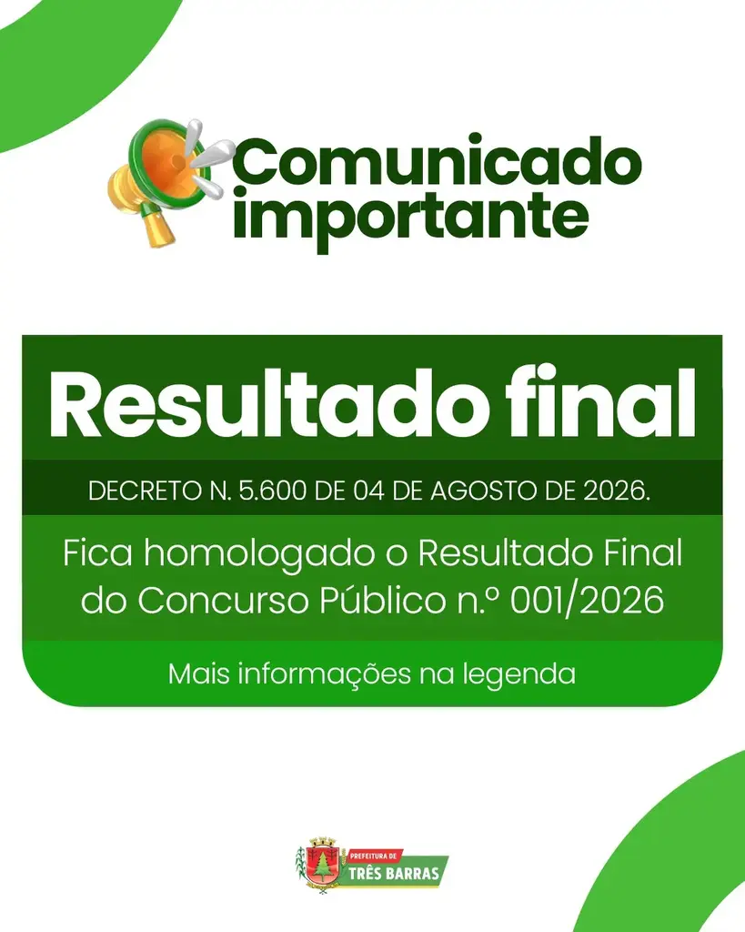 Três Barras divulga Resultado Final referente ao Concurso Público nº 001/2026