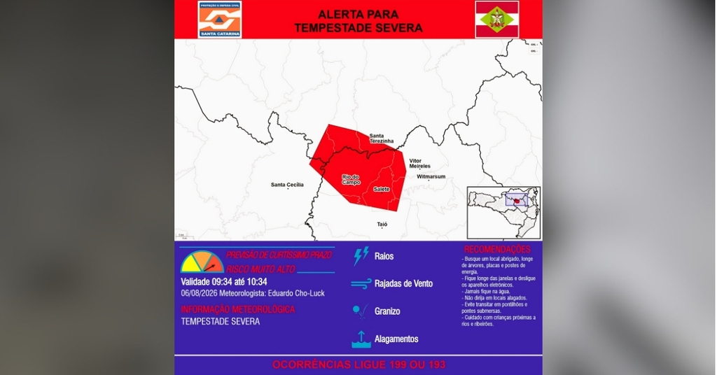 Defesa Civil emite alerta de tempestade severa para municípios do Alto Vale do Itajaí e região