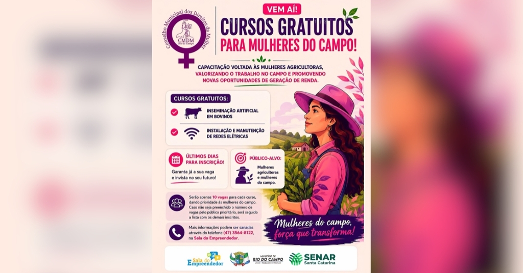 Rio do Campo tem últimos dias de inscrição para cursos gratuitos voltados às mulheres do campo