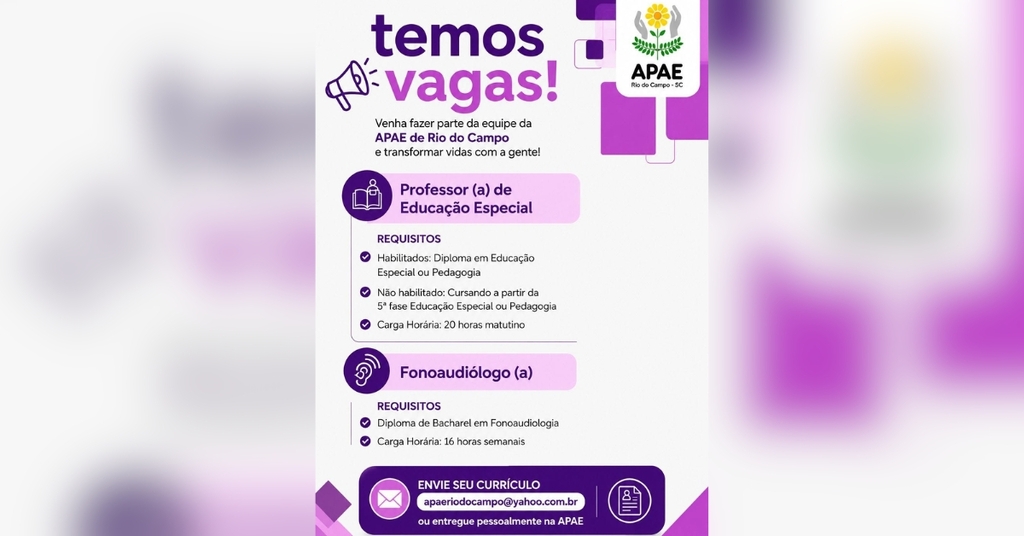 APAE de Rio do Campo abre vagas para docente de Educação Especial e fonoaudiólogo