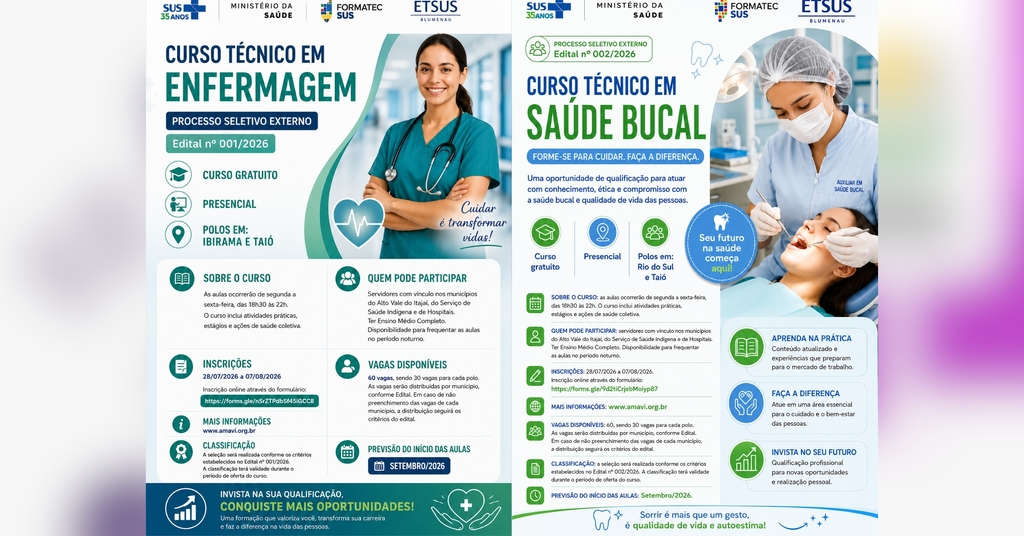 Taió tem último dia de inscrições para cursos técnicos gratuitos de Enfermagem e Saúde Bucal