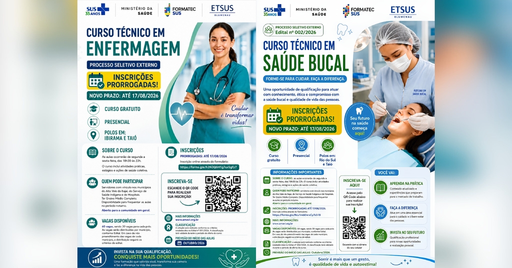 Inscrições para cursos técnicos gratuitos de Enfermagem e Saúde Bucal são prorrogadas até 17 de agosto