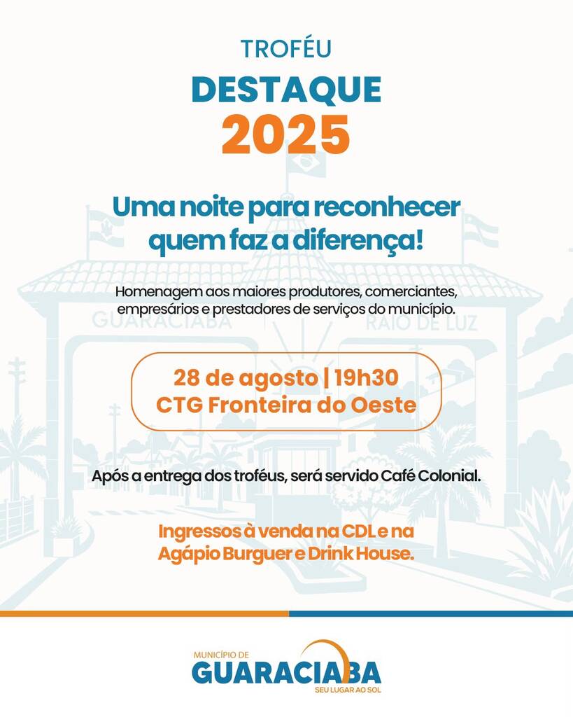 Troféu Destaque homenageará produtores, comerciantes, empresários e prestadores de serviços do município