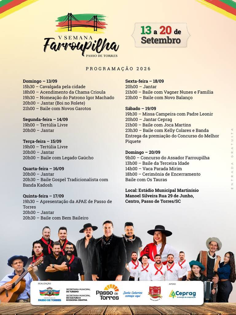 PASSO DE TORRES REALIZA A V SEMANA FARROUPILHA DE 13 A 20 DE SETEMBRO