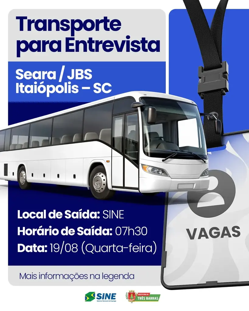 Três Barras: Transporte gratuito será disponibilizado para candidatos que participarão de entrevistas de emprego