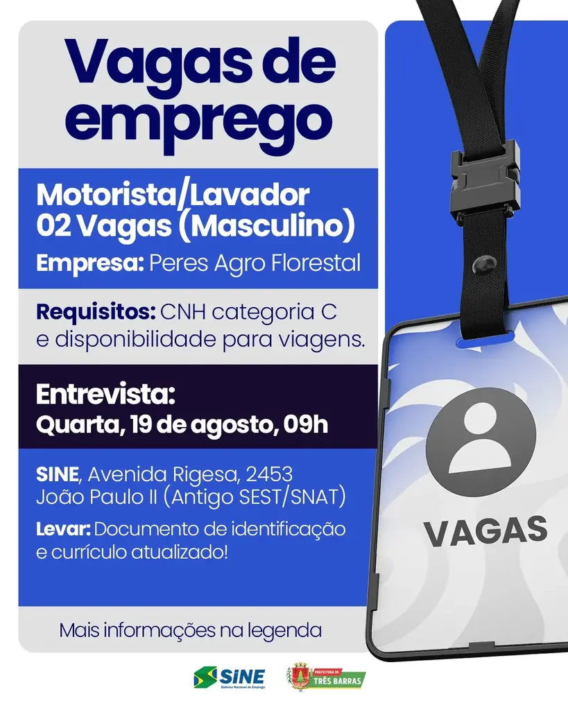 Três Barras: Empresa Peres Agro Florestal em parceria com o SINE disponibiliza seleções para o mercado de trabalho