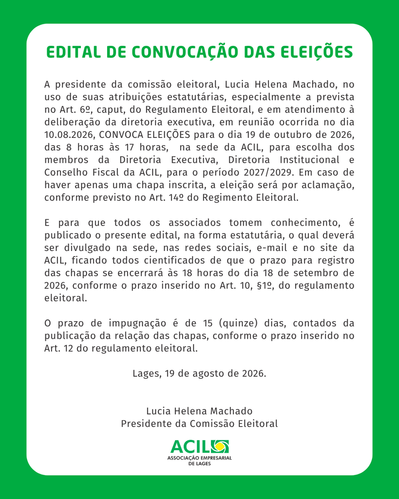 ACIL convoca eleições para escolha da diretoria que estará à frente da entidade no triênio 2027-2029