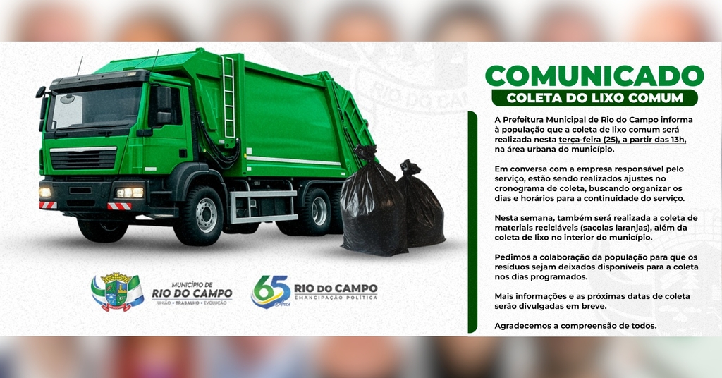 Coleta de lixo comum será realizada nesta terça, a partir das 13h, em Rio do Campo