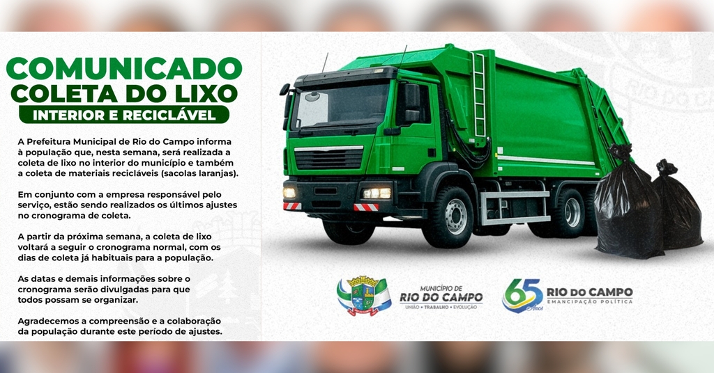Rio do Campo terá coleta de lixo no interior e de materiais recicláveis nesta semana