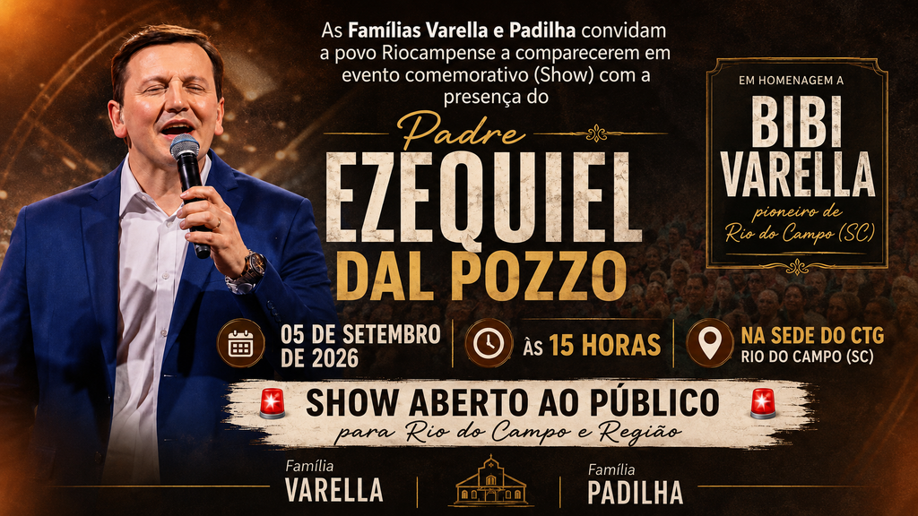 Padre Ezequiel Dal Pozzo fará show aberto ao público em homenagem a Bibi Varella em Rio do Campo