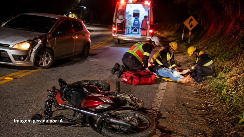 Foto Gerada Por IA - Colisão entre carro e moto mobiliza resgate e deixa mulher inconsciente em Garopaba