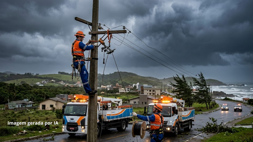 Foto Gerada Por IA - Com medo de novos apagões, Celesc reforça plano para enfrentar temporais no Sul de SC