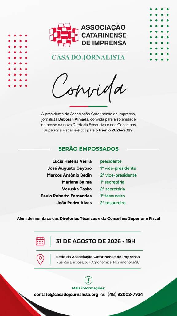 ACI realiza cerimônia de posse da nova diretoria no dia 31 de agosto, em Florianópolis