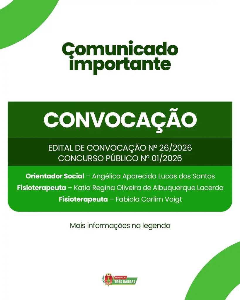 Atenção: Três Barras convoca candidatas aprovadas no Concurso Público nº 01/2026