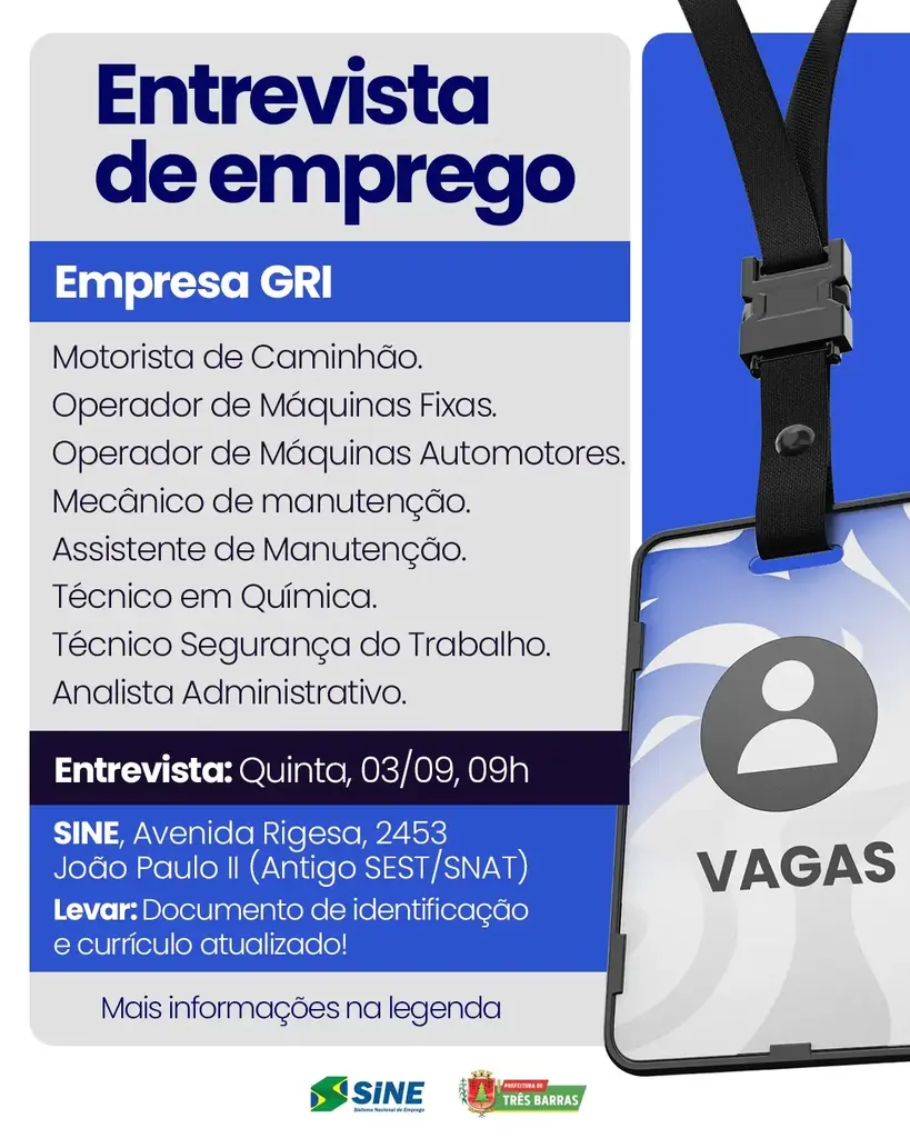 Oportunidade no mercado de trabalho: Empresa GRI realiza seleção de profissionais em Três Barras