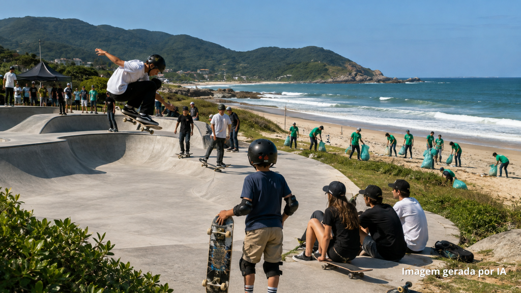 Garopaba recebe etapa de circuito de skate com competição e mutirão de limpeza de praia