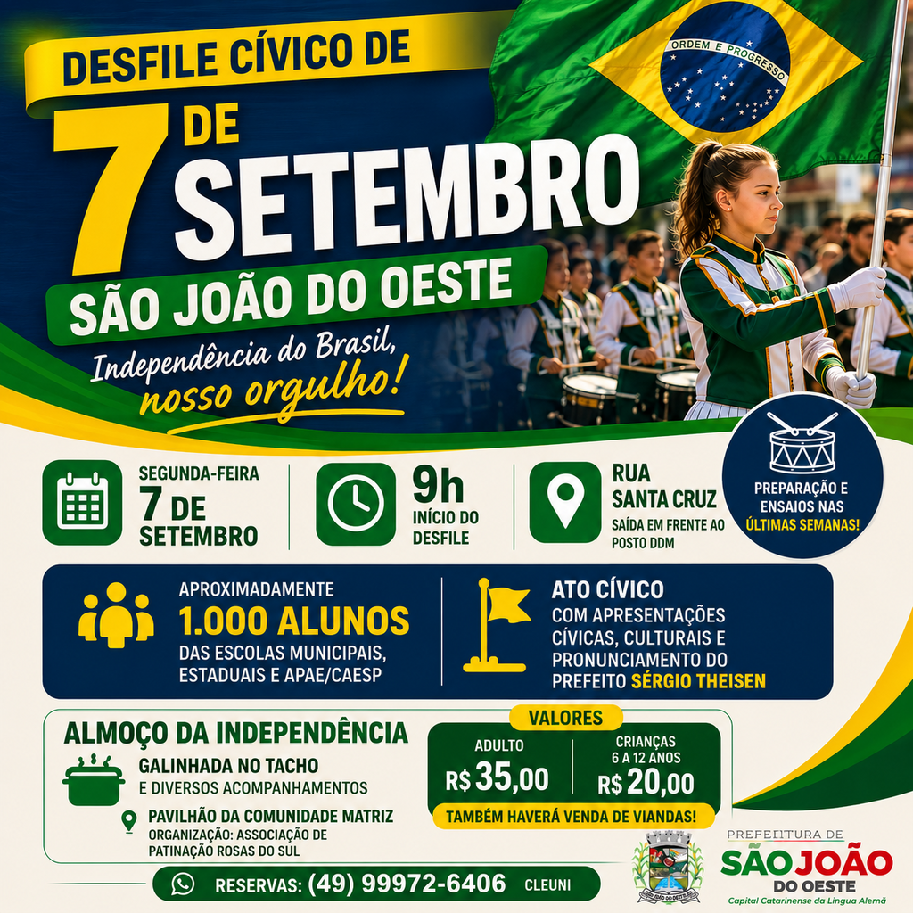 Sete de Setembro terá desfile, ato cívico e programação especial em São João do Oeste