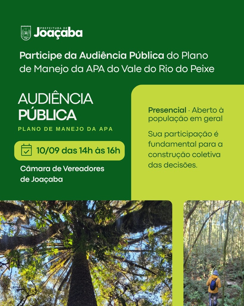 Audiência Pública sobre Plano de Manejo da APA Vale do Rio do Peixe acontece na quinta-feira (10) em Joaçaba