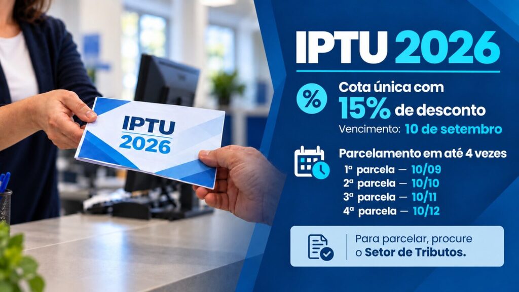 IPTU 2026: cota única terá 15% de desconto em Palmeira