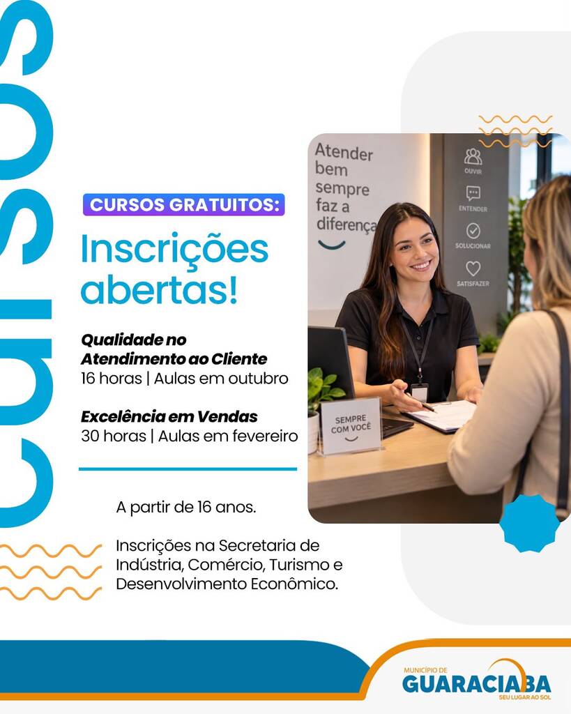 Inscrições abertas para cursos de vendas e atendimento em Guaraciaba