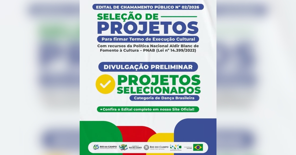 Rio do Campo divulga resultado preliminar da PNAB 02/2026 com projeto selecionado na categoria Dança