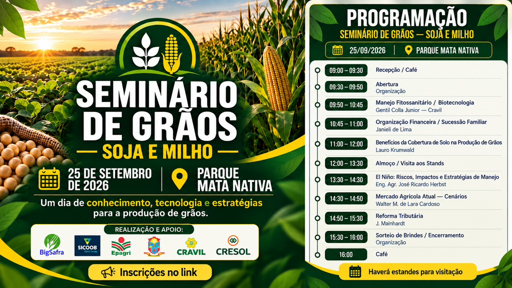 Seminário de Grãos sobre soja e milho será realizado em Santa Terezinha no dia 25 de setembro