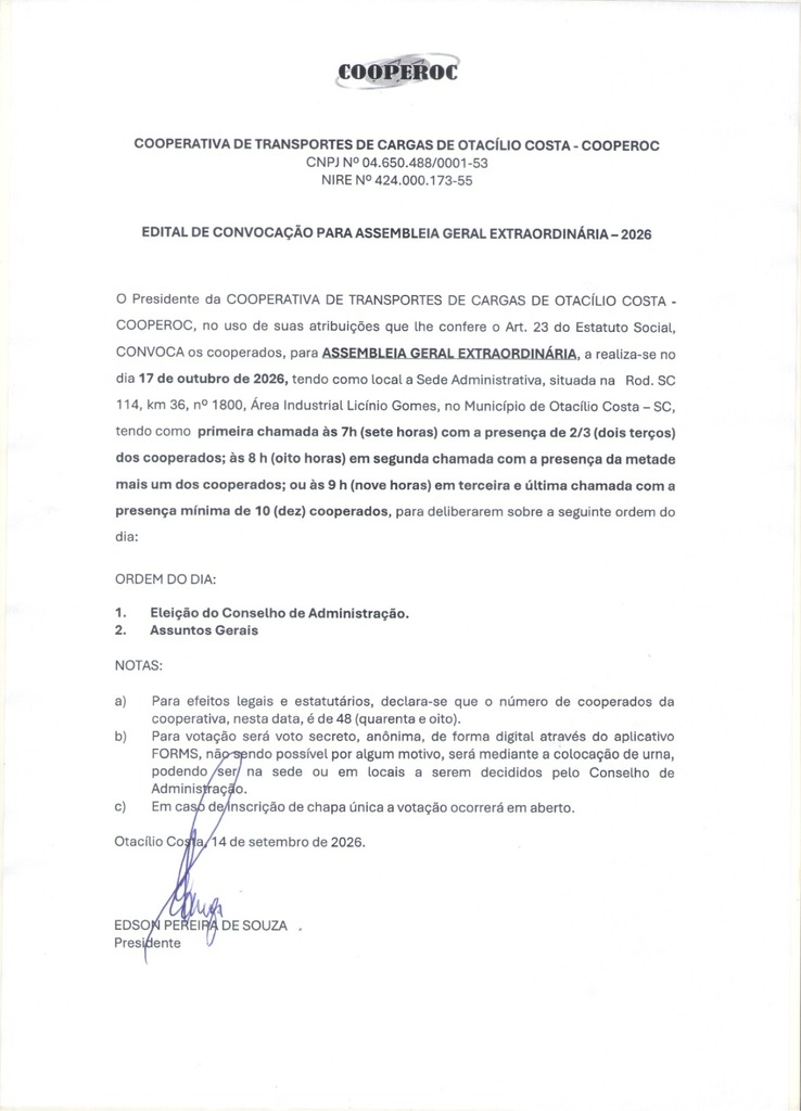 Edital de Convocação para Assembleia Geral Extraordinária – 2026, da Cooperativa de Transportes de Cargas de Otacílio Costa – COOPEROC.