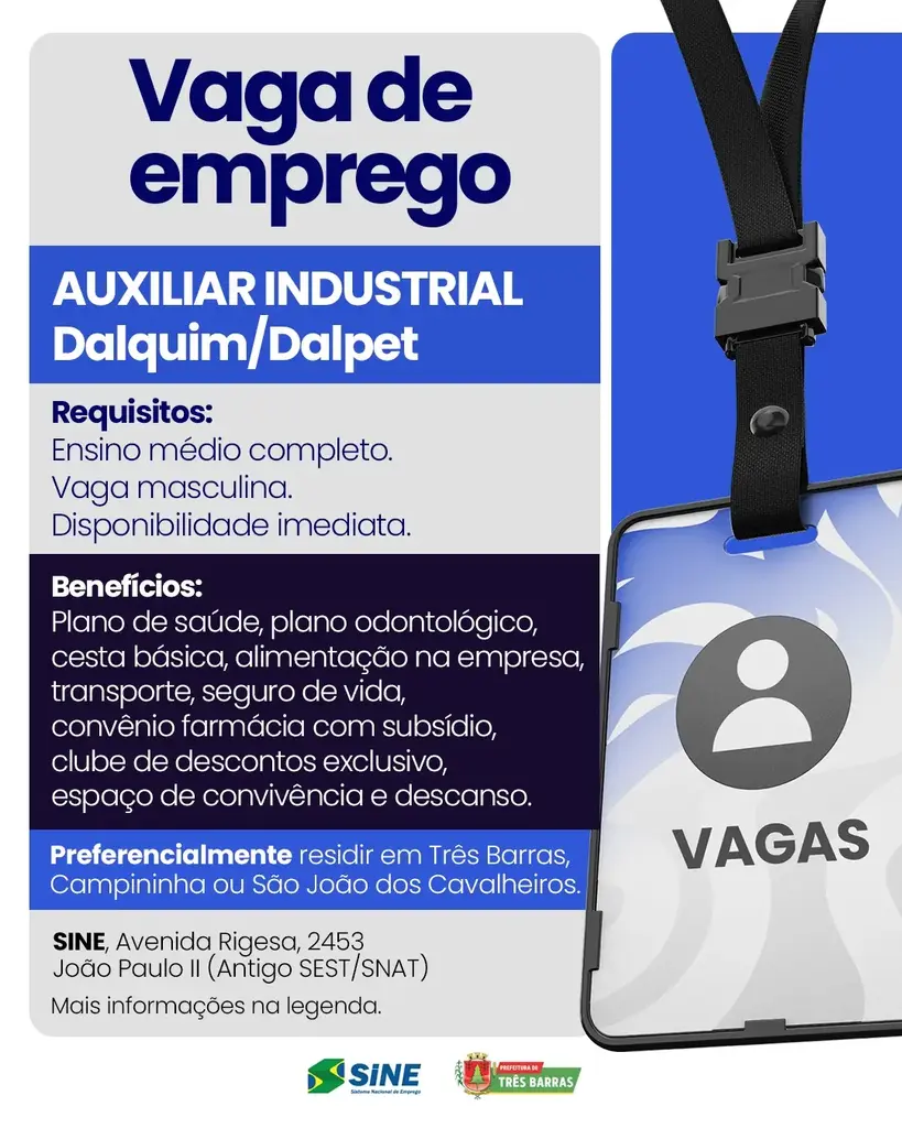 Atenção: Posto do SINE de Três Barras dispõe de Vaga de Emprego