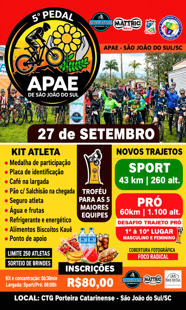 APAE DE SÃO JOÃO DO SUL REALIZARÁ NO DOMINGO (27) O 5º PEDAL SOLIDÁRIO