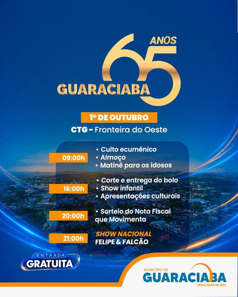Guaraciaba comemora 65 anos com programação especial no dia 1º de outubro