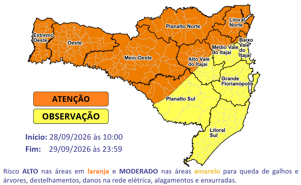 Alerta para temporais com chuva intensa, vendavais e granizo entre segunda e terça-feira