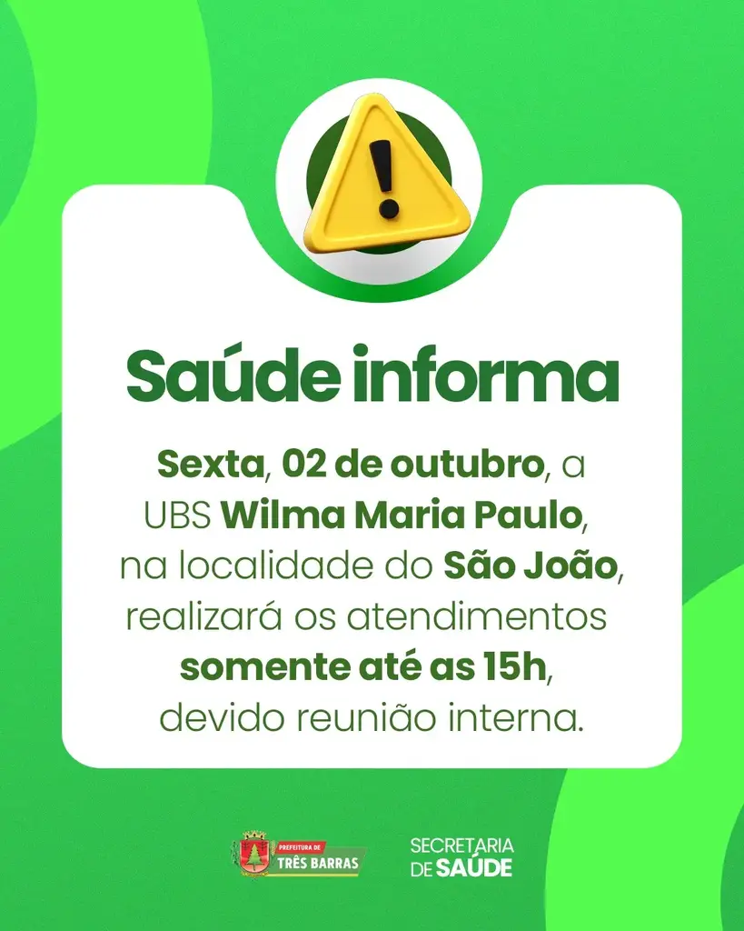UBS Wilma Maria Paulo terá funcionamento reduzido nesta sexta-feira, 02 de outubro