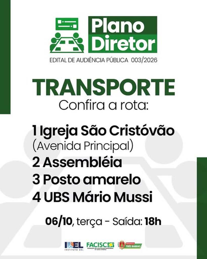 Transporte gratuito para a Audiência Pública do Plano Diretor de Três Barras