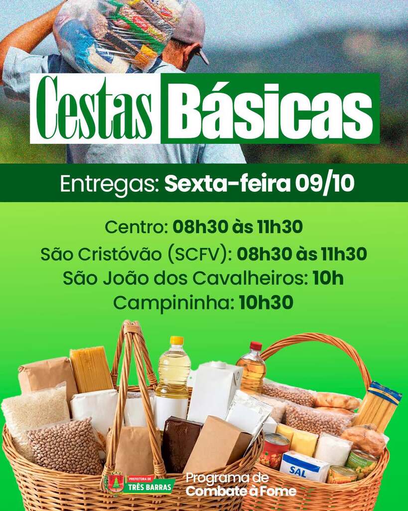 A Prefeitura de Três Barras informa que a entrega das cestas básicas do Programa de Combate à Fome acontece nesta semana.