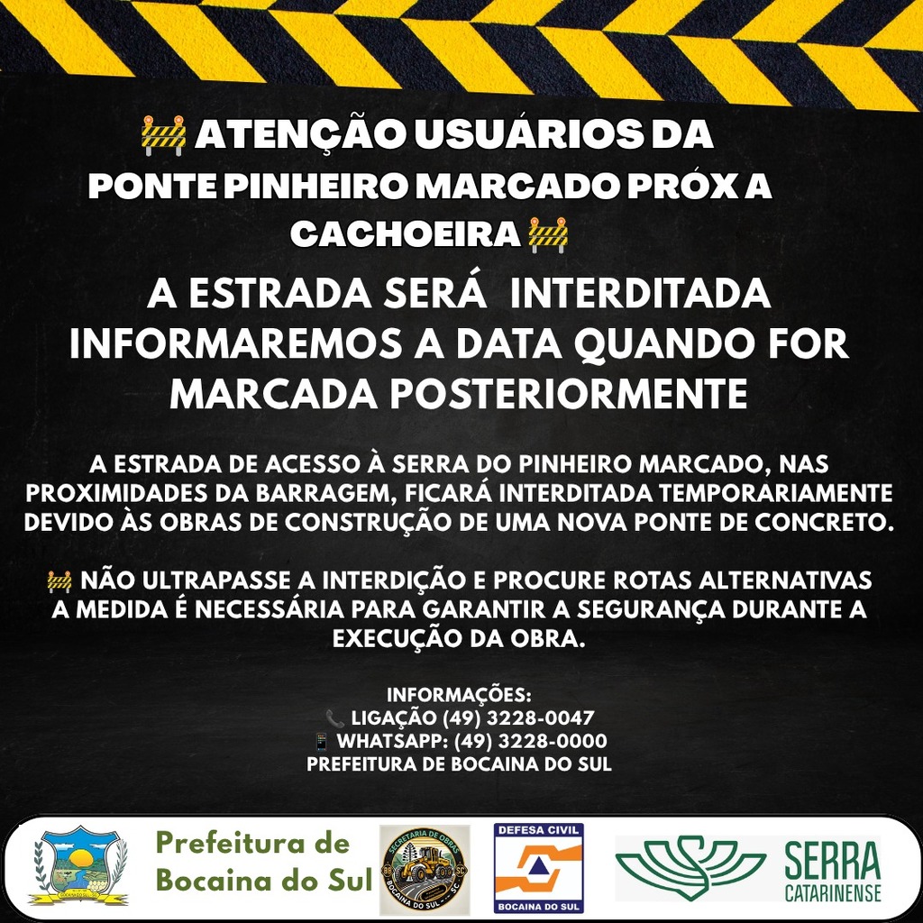 Prefeitura de Bocaina do Sul informa sobre futura interdição de estrada para construção de nova ponte