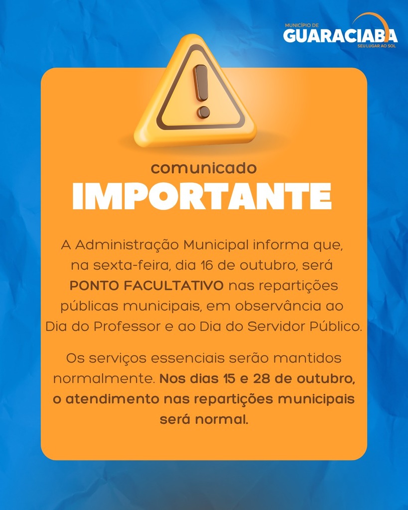 Município de Guaraciaba terá ponto facultativo na sexta-feira
