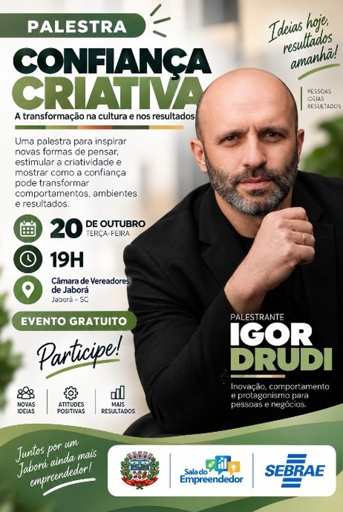 Sebrae e Salas do Empreendedor promovem circuito de palestras gratuitas com Igor Drudi em Pinheiro Preto e Jaborá