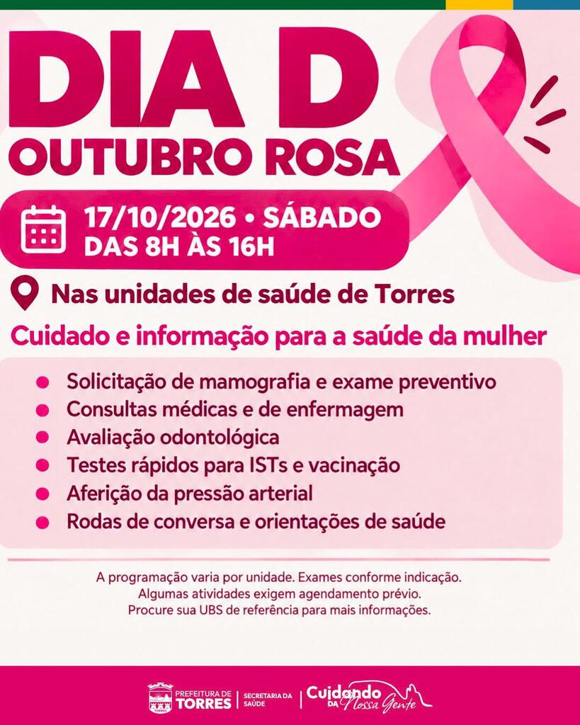 SECRETARIA MUNICIPAL DE SAÚDE DE TORRES PROMOVE NESTE SÁBADO (17),  O “DIA D” DO OUTUBRO ROSA