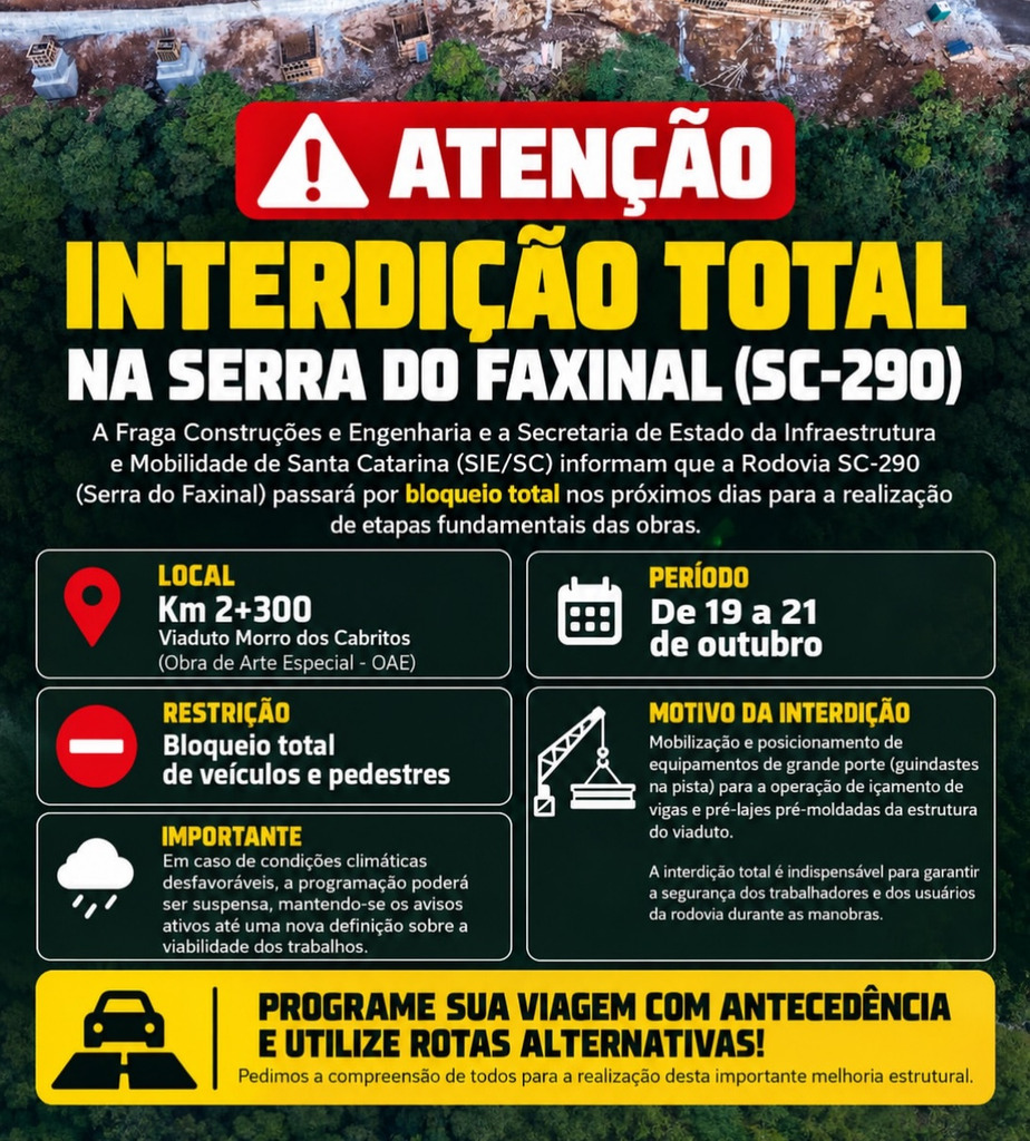 ATENÇÃO: INTERDIÇÃO TOTAL NA SERRA DO FAXINAL (SC-290)